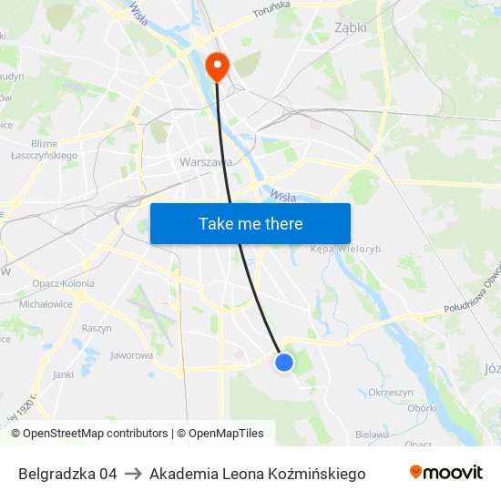Belgradzka 04 to Akademia Leona Koźmińskiego map