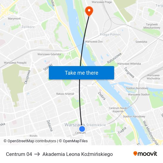 Centrum to Akademia Leona Koźmińskiego map