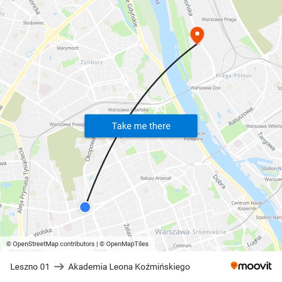 Leszno to Akademia Leona Koźmińskiego map