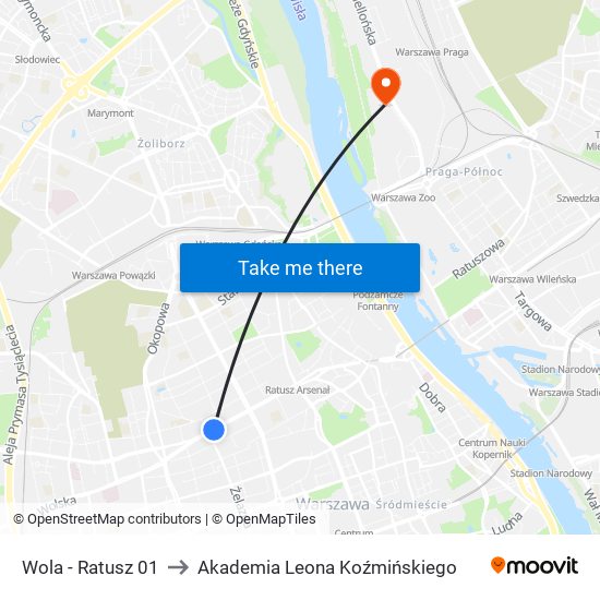 Wola-Ratusz to Akademia Leona Koźmińskiego map