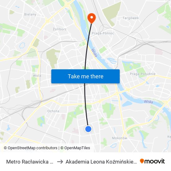 Metro Racławicka 01 to Akademia Leona Koźmińskiego map