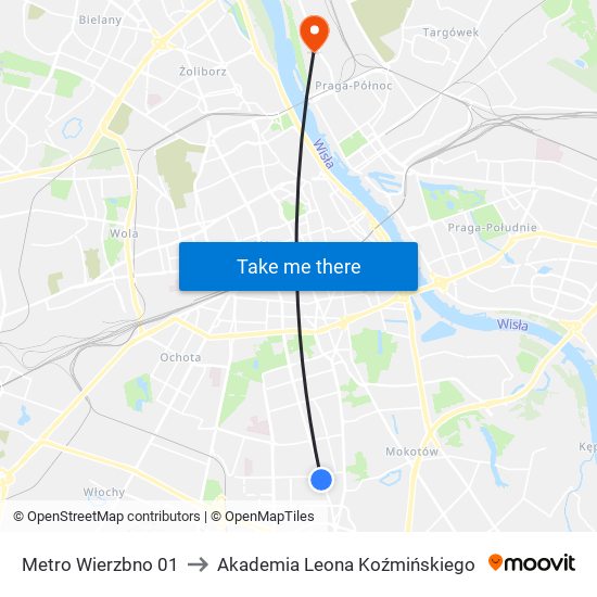 Metro Wierzbno to Akademia Leona Koźmińskiego map