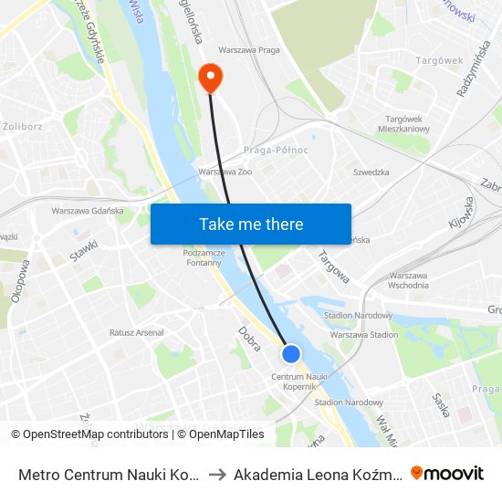 Metro Centrum Nauki Kopernik to Akademia Leona Koźmińskiego map