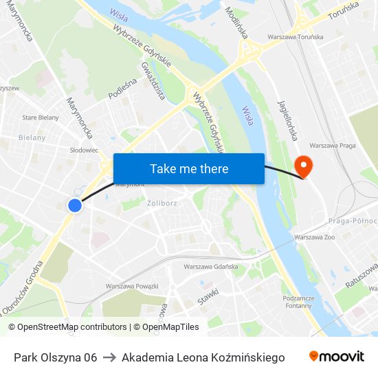 Park Olszyna 06 to Akademia Leona Koźmińskiego map