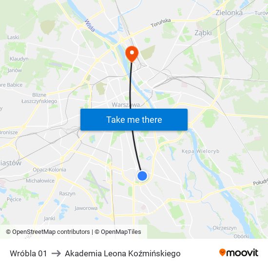 Wróbla to Akademia Leona Koźmińskiego map