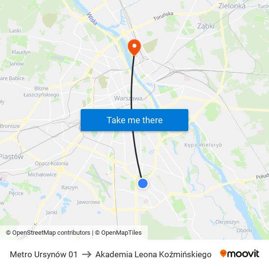 Metro Ursynów 01 to Akademia Leona Koźmińskiego map