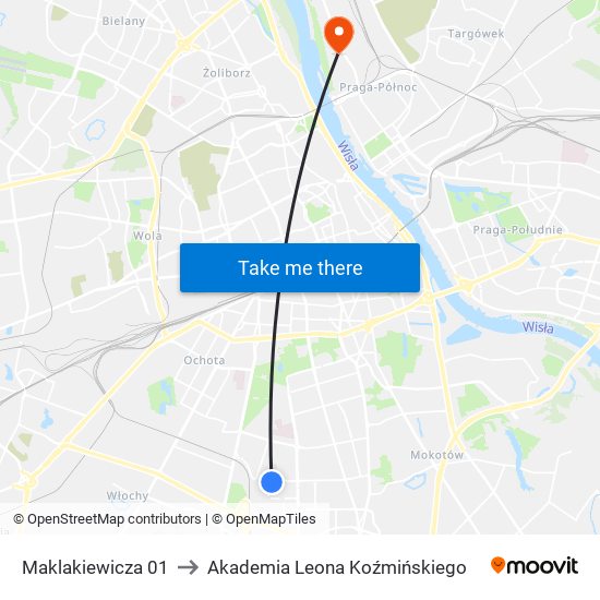 Maklakiewicza 01 to Akademia Leona Koźmińskiego map