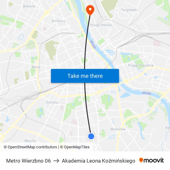 Metro Wierzbno 06 to Akademia Leona Koźmińskiego map