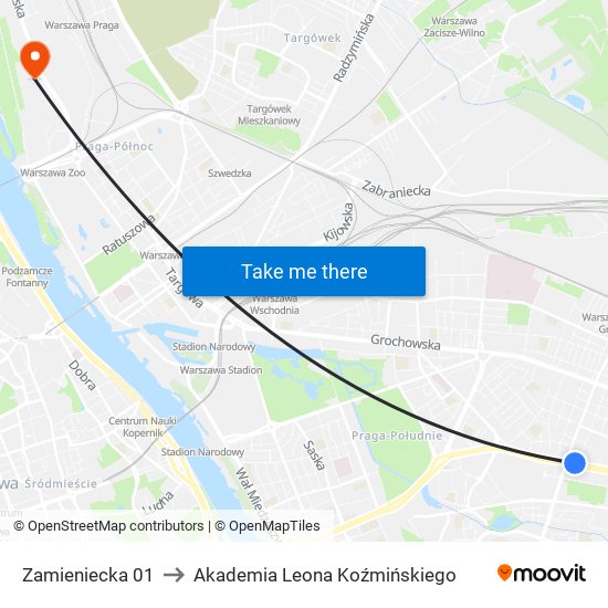 Zamieniecka 01 to Akademia Leona Koźmińskiego map