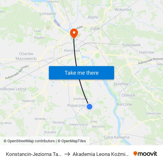 Konstancin-Jeziorna Tabita to Akademia Leona Koźmińskiego map