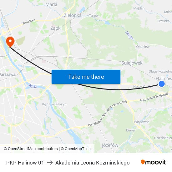 PKP Halinów 01 to Akademia Leona Koźmińskiego map