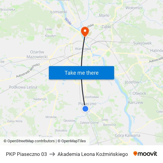 PKP Piaseczno 03 to Akademia Leona Koźmińskiego map