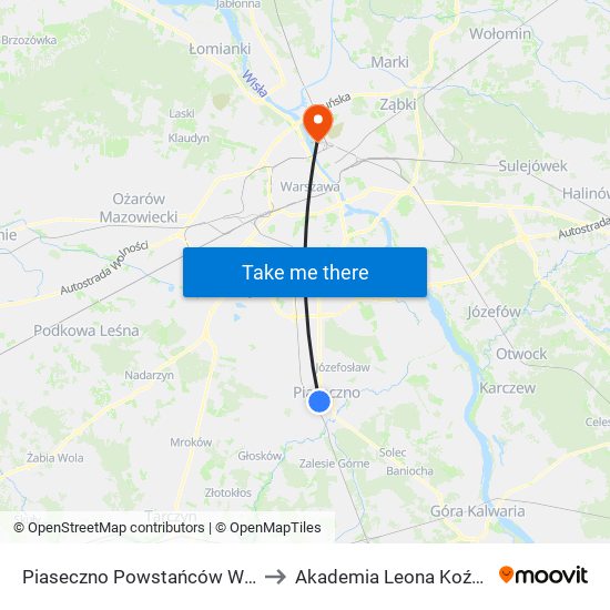 Piaseczno Powstańców Warszawy 02 to Akademia Leona Koźmińskiego map