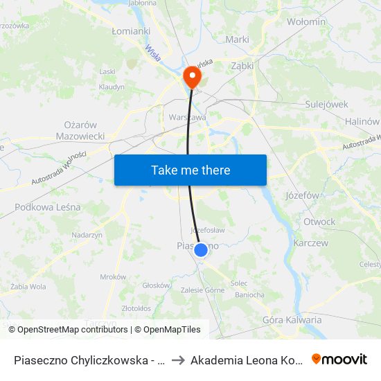 Piaseczno Chyliczkowska - Technikum 02 to Akademia Leona Koźmińskiego map