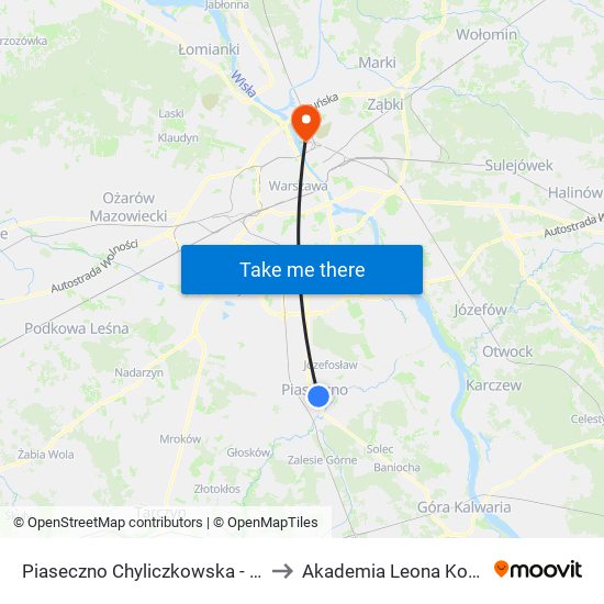 Piaseczno Chyliczkowska - Technikum 03 to Akademia Leona Koźmińskiego map