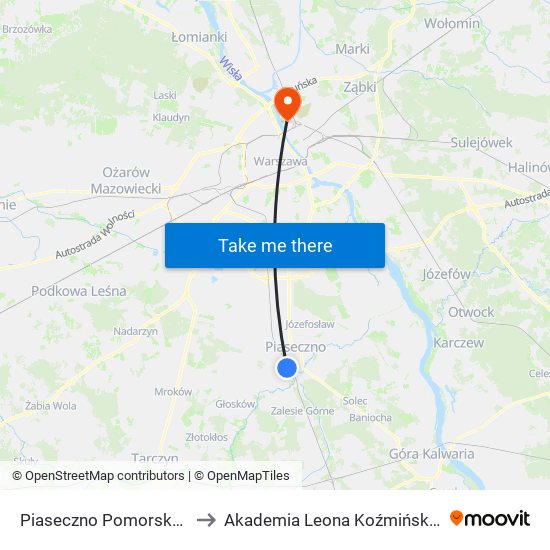 Piaseczno Pomorska 01 to Akademia Leona Koźmińskiego map