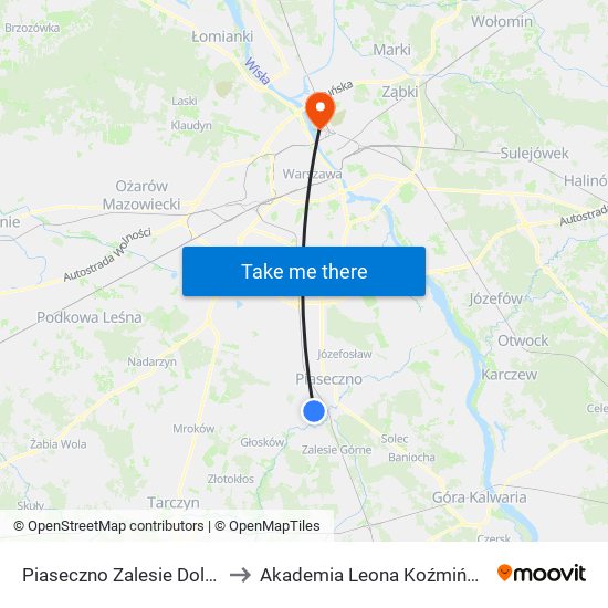 Piaseczno Zalesie Dolne to Akademia Leona Koźmińskiego map