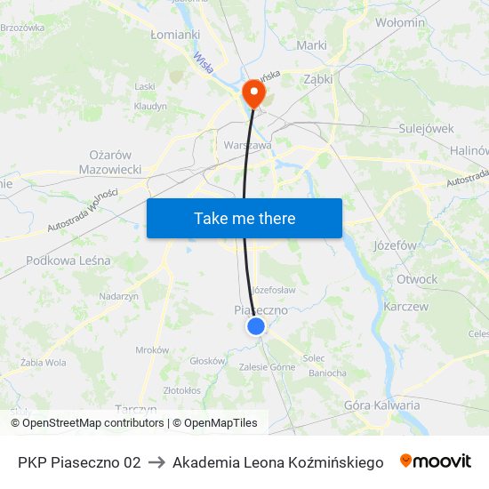 PKP Piaseczno to Akademia Leona Koźmińskiego map