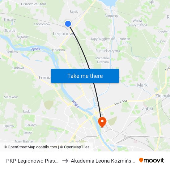 PKP Legionowo Piaski to Akademia Leona Koźmińskiego map