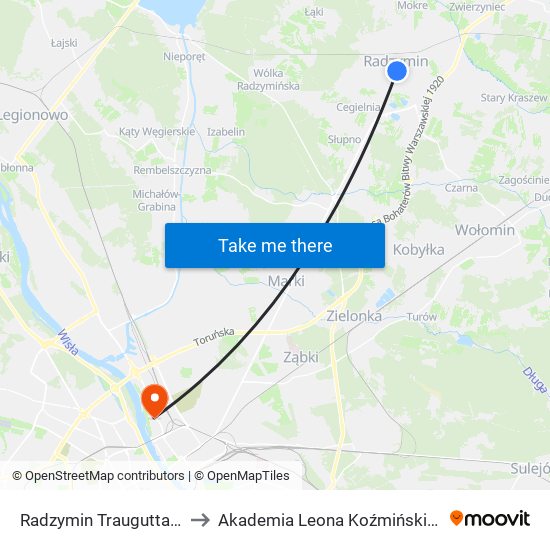 Radzymin Traugutta to Akademia Leona Koźmińskiego map