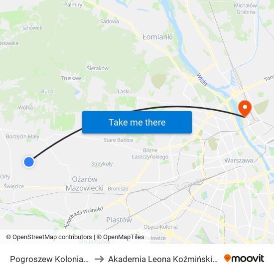 Pogroszew Kolonia 02 to Akademia Leona Koźmińskiego map