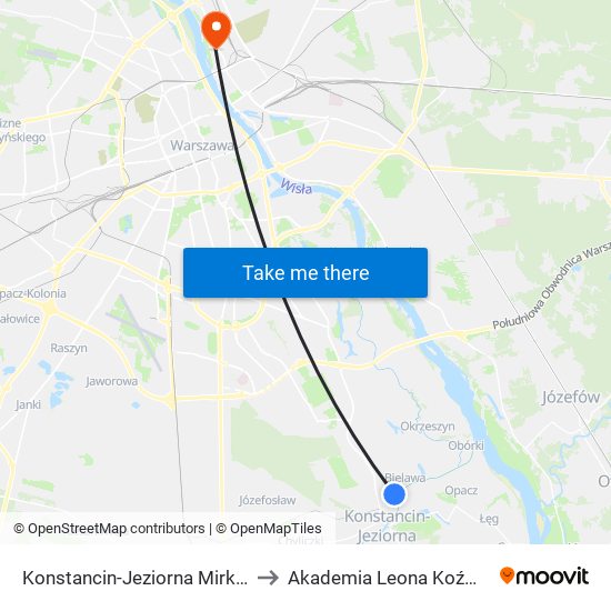 Konstancin-Jeziorna Mirkowska 01 to Akademia Leona Koźmińskiego map