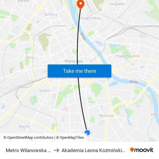 Metro Wilanowska 02 to Akademia Leona Koźmińskiego map