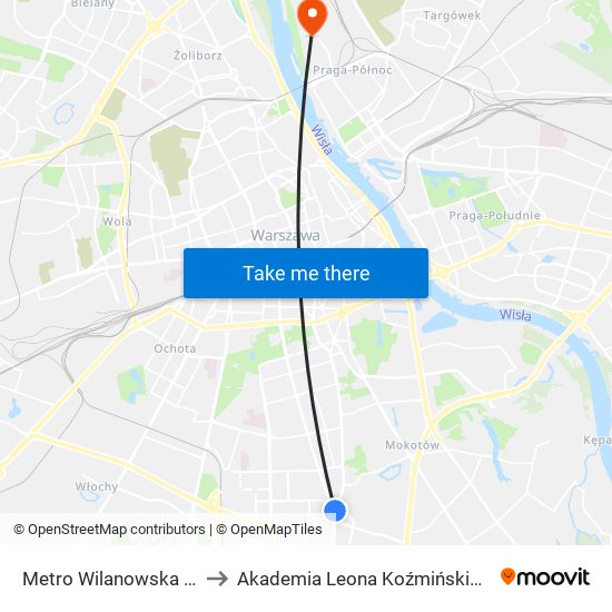 Metro Wilanowska to Akademia Leona Koźmińskiego map