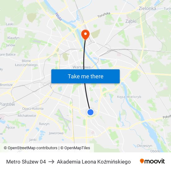 Metro Służew to Akademia Leona Koźmińskiego map