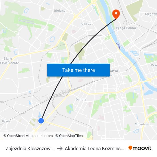 Zajezdnia Kleszczowa 01 to Akademia Leona Koźmińskiego map