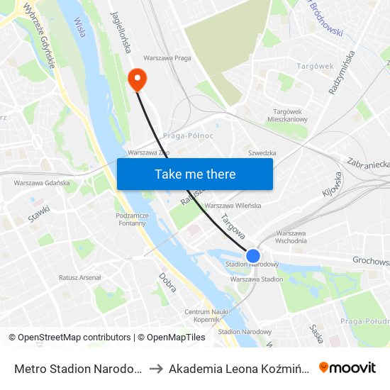 Metro Stadion Narodowy to Akademia Leona Koźmińskiego map