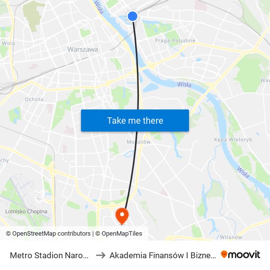 Metro Stadion Narodowy to Akademia Finansów I Biznesu Vistula map