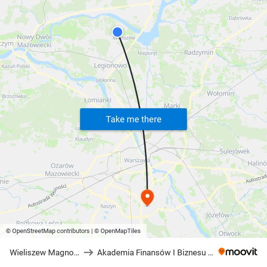 Wieliszew Magnolii 01 to Akademia Finansów I Biznesu Vistula map