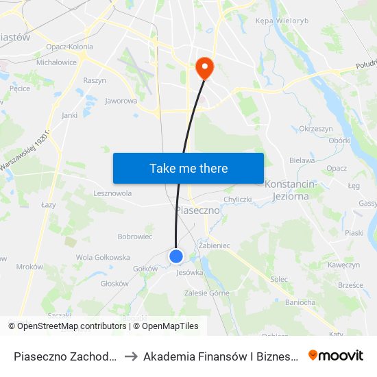 Piaseczno Zachodnia 02 to Akademia Finansów I Biznesu Vistula map