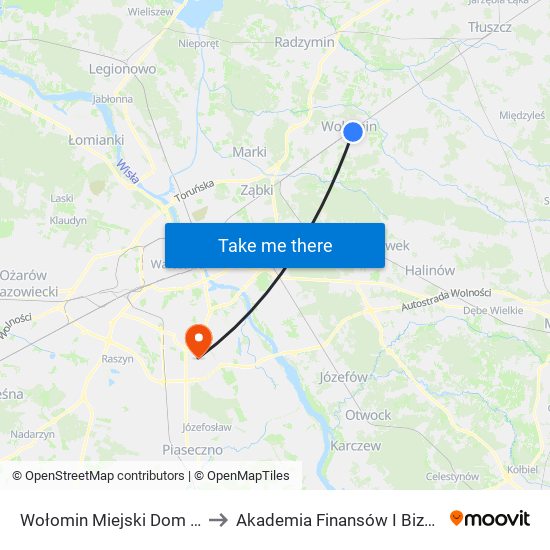 Wołomin Miejski Dom Kultury 02 to Akademia Finansów I Biznesu Vistula map