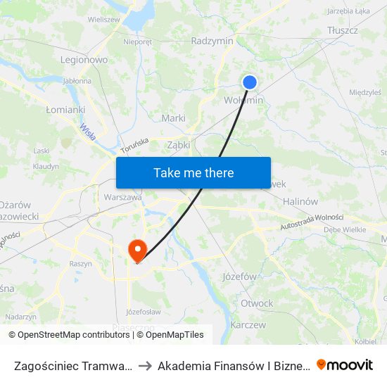 Zagościniec Tramwajowa 01 to Akademia Finansów I Biznesu Vistula map