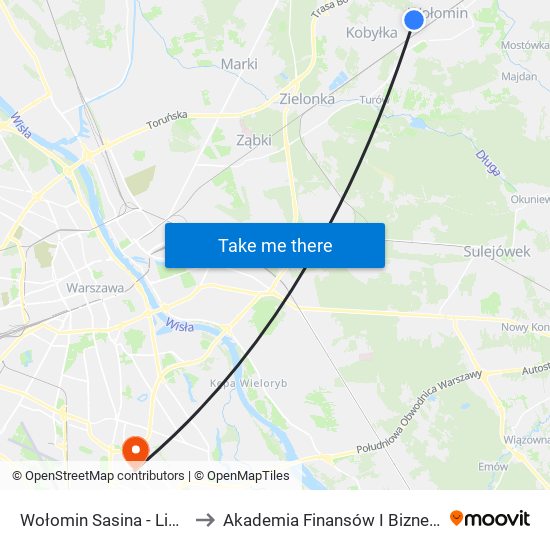 Wołomin Sasina - Liceum 01 to Akademia Finansów I Biznesu Vistula map