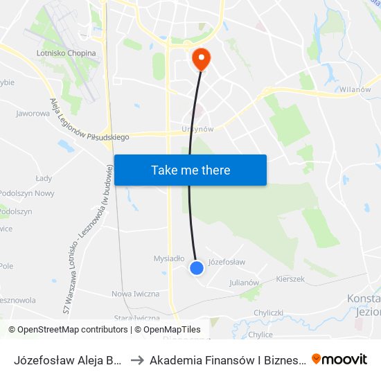 Józefosław Aleja Bzów 02 to Akademia Finansów I Biznesu Vistula map