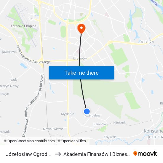 Józefosław Ogrodowa 01 to Akademia Finansów I Biznesu Vistula map