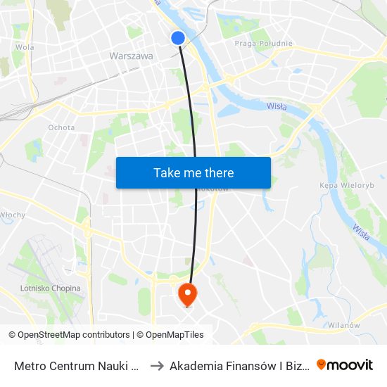 Metro Centrum Nauki Kopernik 05 to Akademia Finansów I Biznesu Vistula map