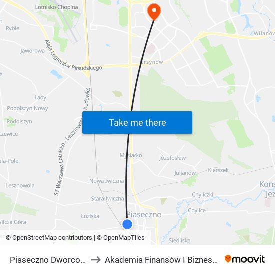 Piaseczno Dworcowa 01 to Akademia Finansów I Biznesu Vistula map