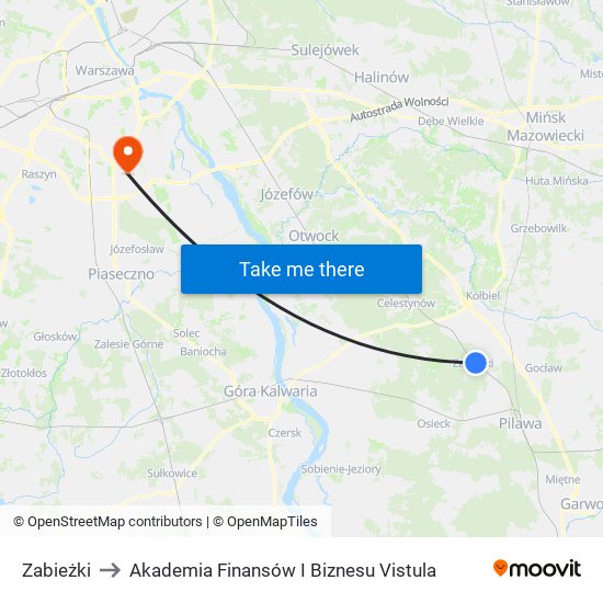 Zabieżki to Akademia Finansów I Biznesu Vistula map