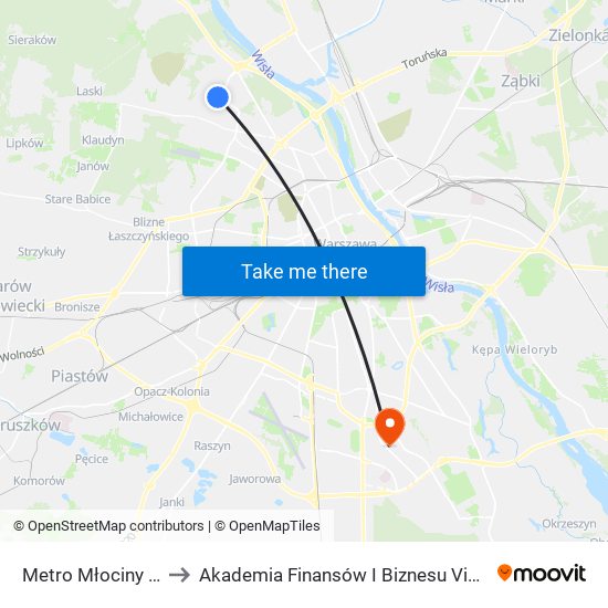 Metro Młociny 24 to Akademia Finansów I Biznesu Vistula map