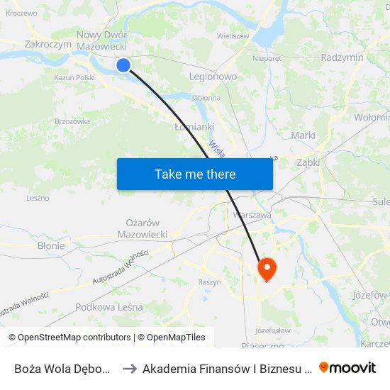 Boża Wola Dębowa 01 to Akademia Finansów I Biznesu Vistula map