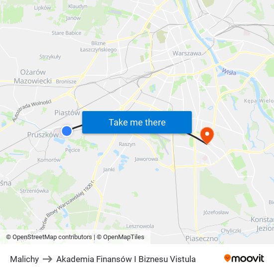 Malichy to Akademia Finansów I Biznesu Vistula map