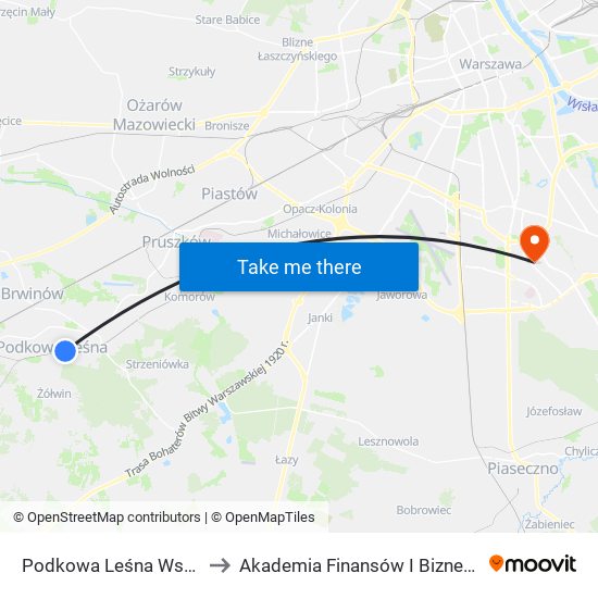 Podkowa Leśna Wschodnia to Akademia Finansów I Biznesu Vistula map