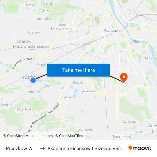 Pruszków WKD to Akademia Finansów I Biznesu Vistula map