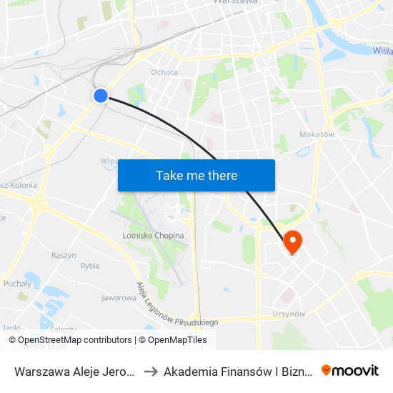 Warszawa Aleje Jerozolimskie to Akademia Finansów I Biznesu Vistula map