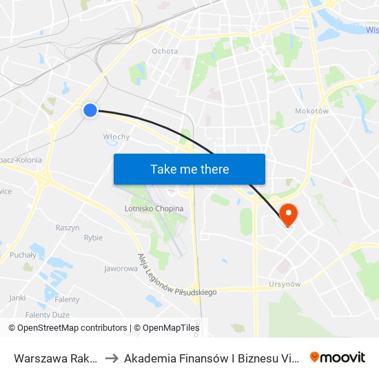 Warszawa Raków to Akademia Finansów I Biznesu Vistula map