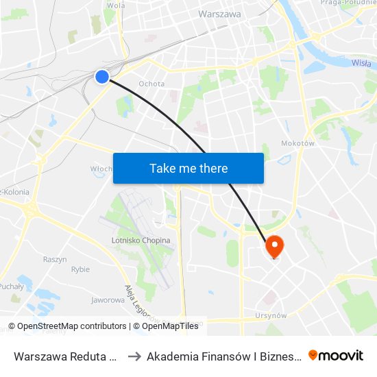 Warszawa Reduta Ordona to Akademia Finansów I Biznesu Vistula map